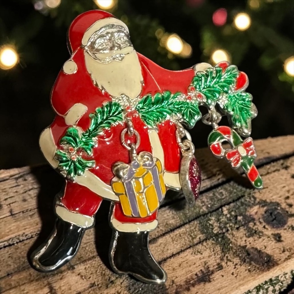 Santa Claus Brooch Pin Red Enamel Silver Tone Christmas Dangle Charms